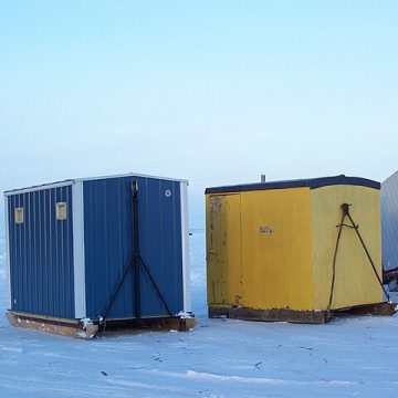 Ice shanties for sturgeon spearing on Lake Winnebago, Wisconsin